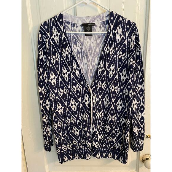 Grace Elements Womens Medium Cardigan Sweater Blue White Print Pockets - Picture 5 of 8
